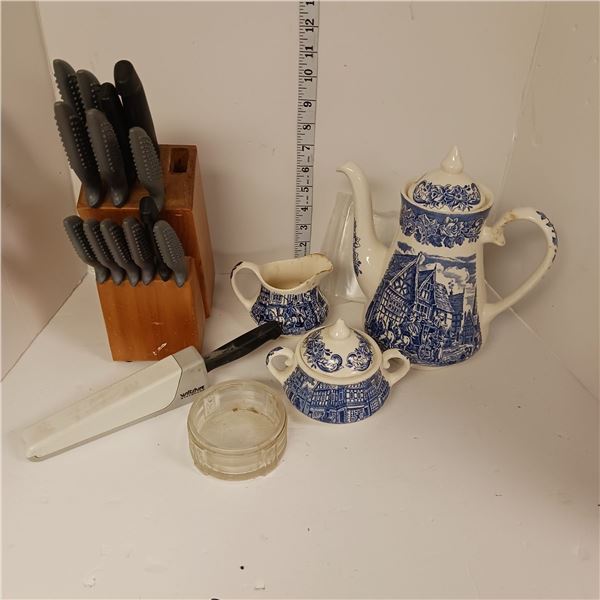 Lot of Estate Goods - Knife & Block + Dicken Series Ironstone Wares