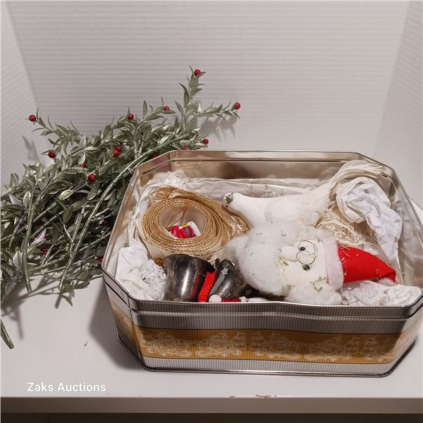 Tin Of Vintage Christmas Ornaments & Two Silver-Plated Bells