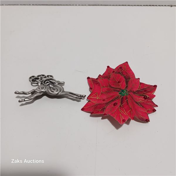Two Christmas Pins, Poinsettia Flower & Celtic Deer