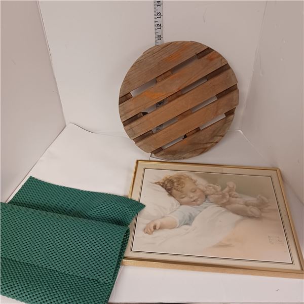 Lot of Random Items - Plant Holder on Wheels; Shlef Liners + Vintage Picture