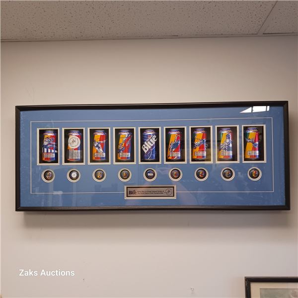 Labatt Blue World Track & Field Can Collection with Matching Bottle Caps - Measures 41"x16"x4"