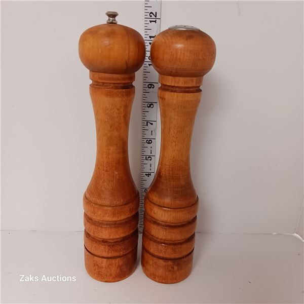 Pair of Estate Tall Wooden Pepper Mill & Salt Shaker - Stamped Baribo Maio