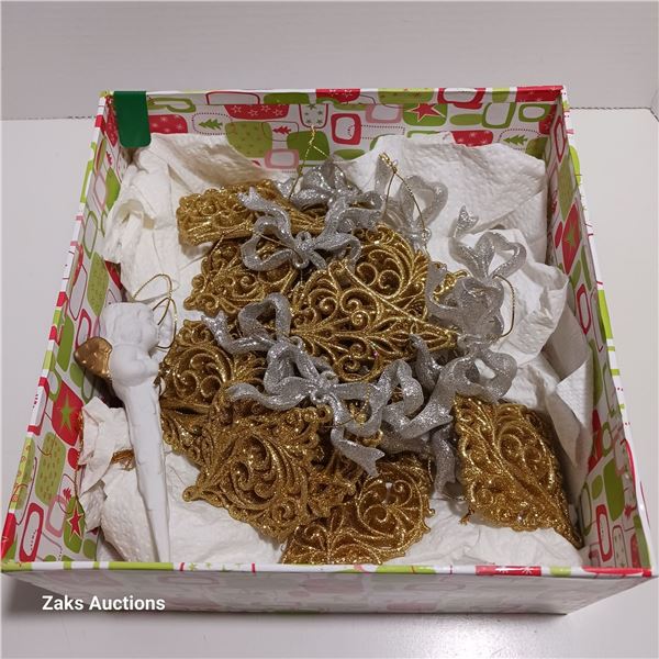 Box of Porcelain & Fancy Gold / Silver Ornaments