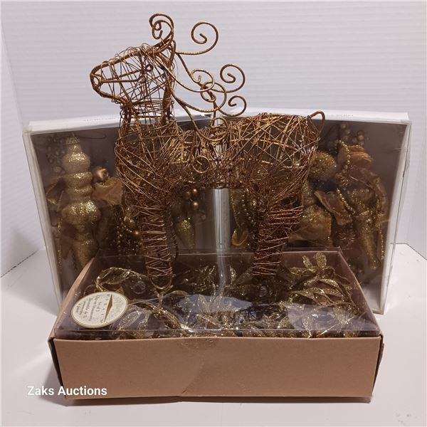 Lot Of Gold Christmas Reindeer, Ornaments & Lights