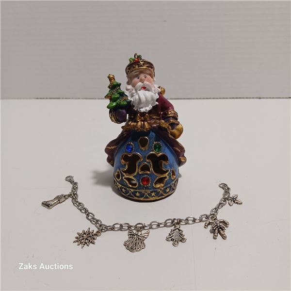 Vintage Jewelled Santa Ornament 4.25" Resin & Bracelet