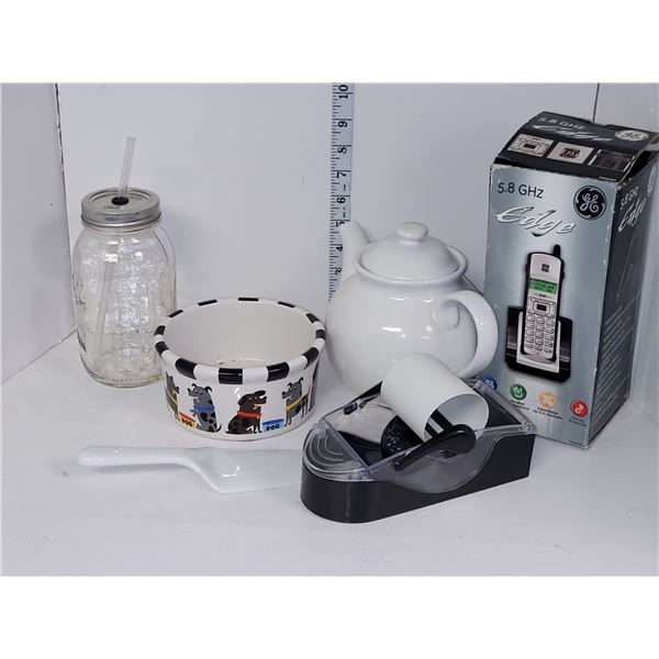 Various Household Items - Cordless Phone, Glass Ball Jar with Straw, Sushi Maker, TEapot + Ceramic D