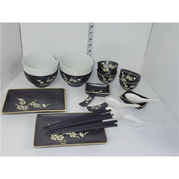 Gorgeous Asian Dishware Set - Wooden Chopsticks, Porcelain Soup Spoons- All Problem Free