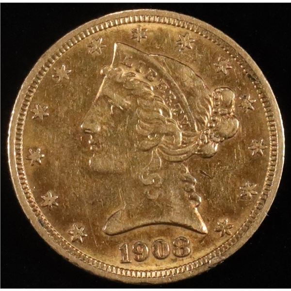 1908 $5 GOLD LIBERTY AU