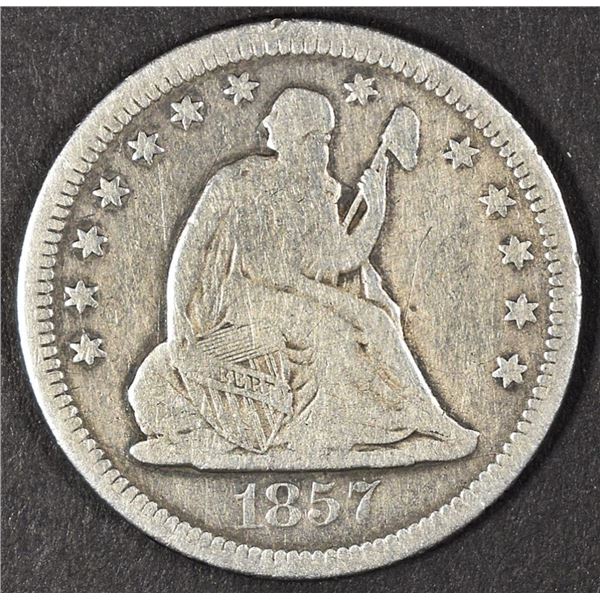1857-O SEATED LIBERTY QUARTER VG