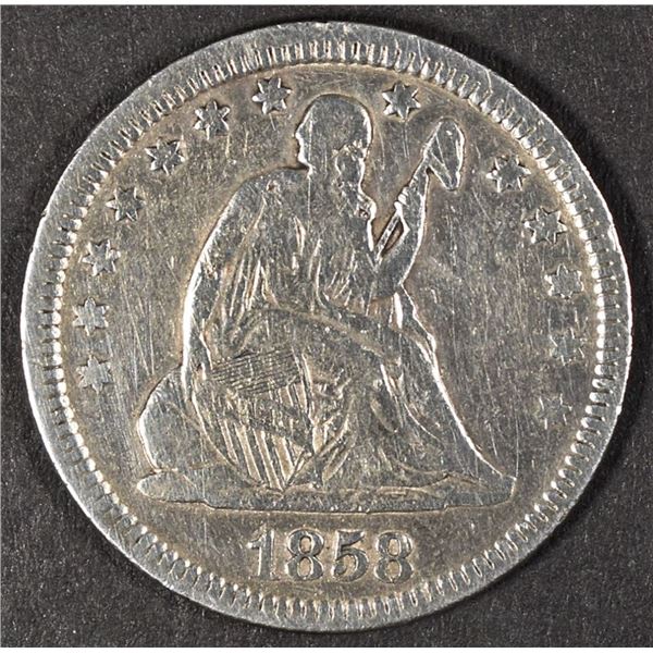 1858 SEATED LIBERTY QUARTER VF