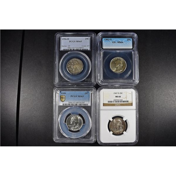 4 GRADED WASHINGTON QUARTERS