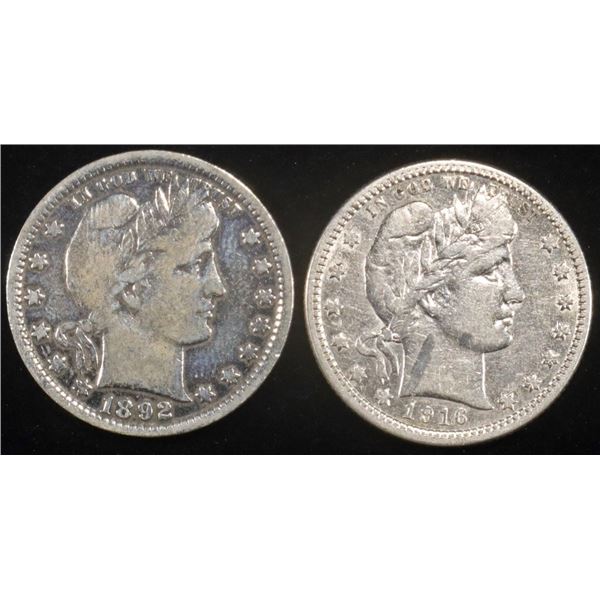 1892 FINE, CLEANED &1916-D XF/AU, SCRATCH BARB 25C