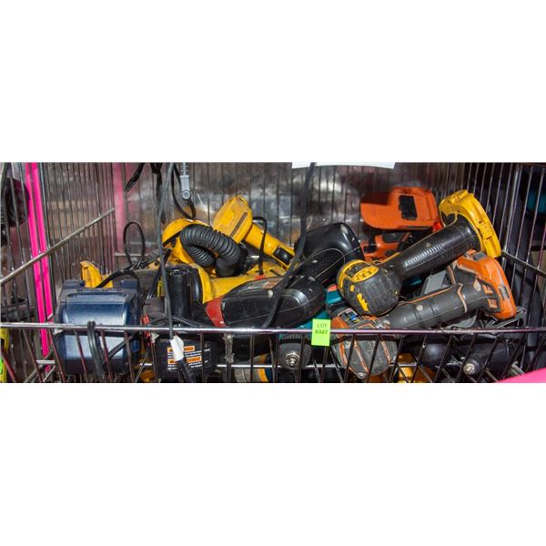 WIRE BIN FULL OF MISC DRILLS/ TOOLS/ ETC