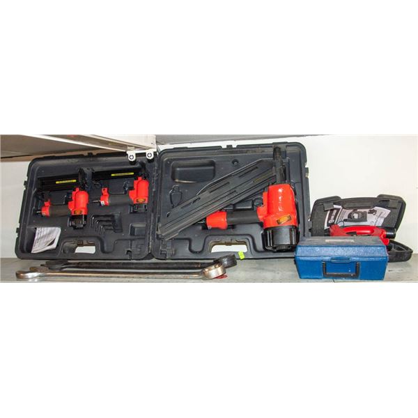 LOT OF THREE ASSORTED TOOL KITS; 3PC NAIL GUN SET
