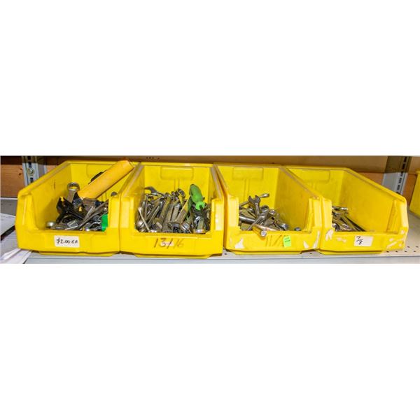 FOUR BINS OF ASSORTED HAND WRENCHES
