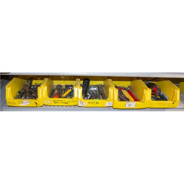 FIVE BINS OF ASSORTED HAND TOOLS