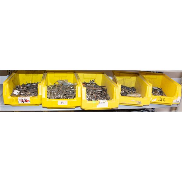 FIVE BINS OF VARIOUS HANDTOOLS AND HARDWARE