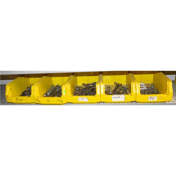 FIVE BINS OF ASSORTED HAND WRENCHES