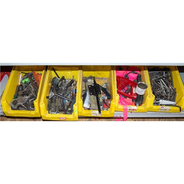 FIVE BINS OF ASSORTED HANDTOOLS AND HARDWARE