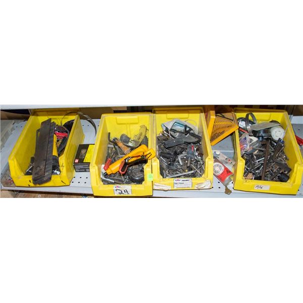 FOUR BINS OF HANDTOOLS AND HARDWARE