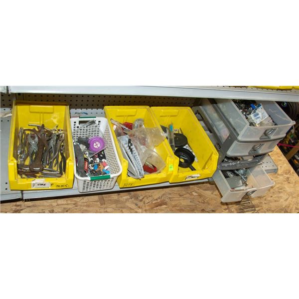 FIVE BINS OF HARDWARE AND HANDTOOLS