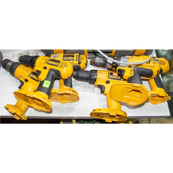 LOT OF SIX ASSORTED DEWALT DRILLS- NO CHARGERS