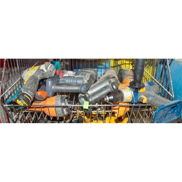 BIN OF ASSORTED POWER TOOLS, NO CHARGERS AS IS