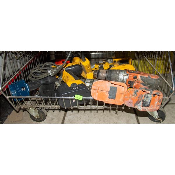 BIN OF ASSORTED POWER TOOLS, NO CHARGERS AS IS