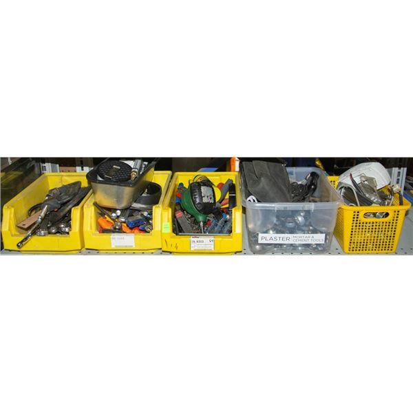 FIVE BINS OF ASSORTED HANDTOOLS AND HARDWARE