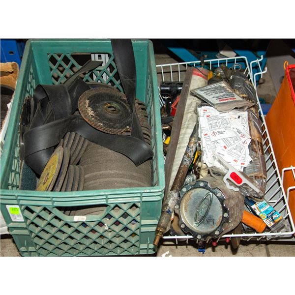 TWO BINS OF ASSORTED TOOLS/ HARDWARE & GRINDING