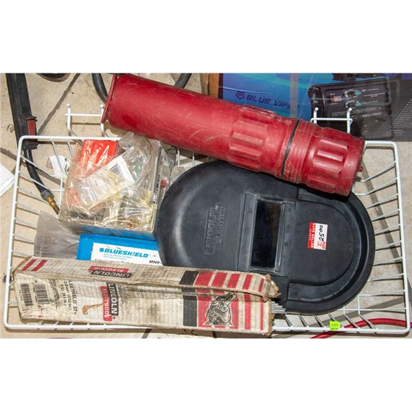 WIRE BIN OF ASSORTED WELDING ACCESSORIES
