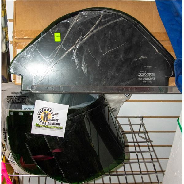 TWO WALL SHELVES OF REPLACEMENT WELDING SHIELDS