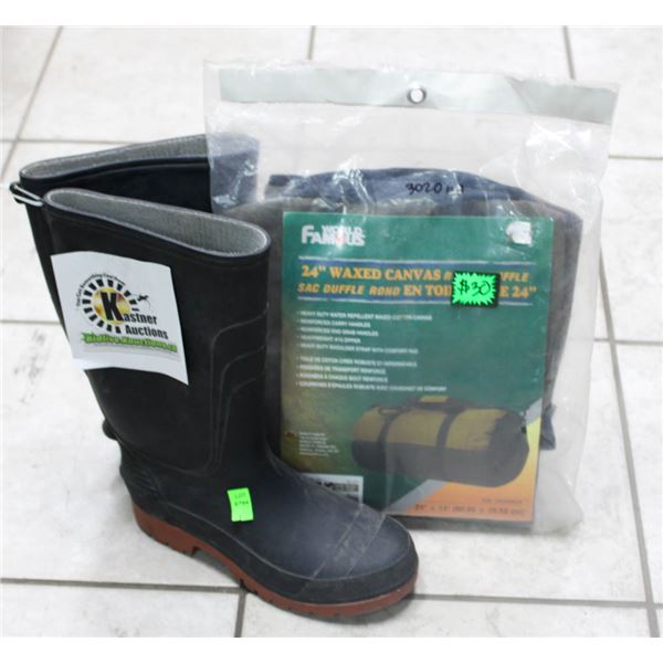 SIZE 7 BLACK RUBBER BOOTS AND 24" WAXED CANVAS