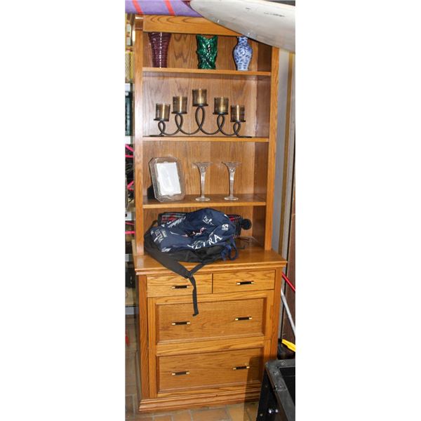LOT OF 2 OAK BOOKSHELVES W/ DRAWERS & CONTENTS