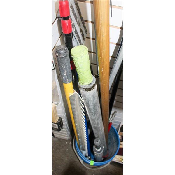 BUCKET OF MISC. DRYWALLING TOOLS/ BOX OF PAINT