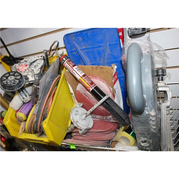 WIRE WALL RACK FULL OF VARIOUS DRYWALLING TOOLS &