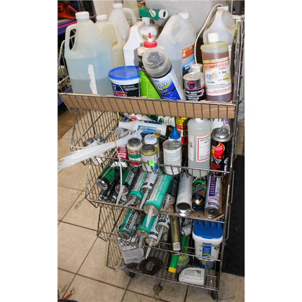 5 TIER WIRE RACK DISPLAY FULL OF MISC. CAULKING/