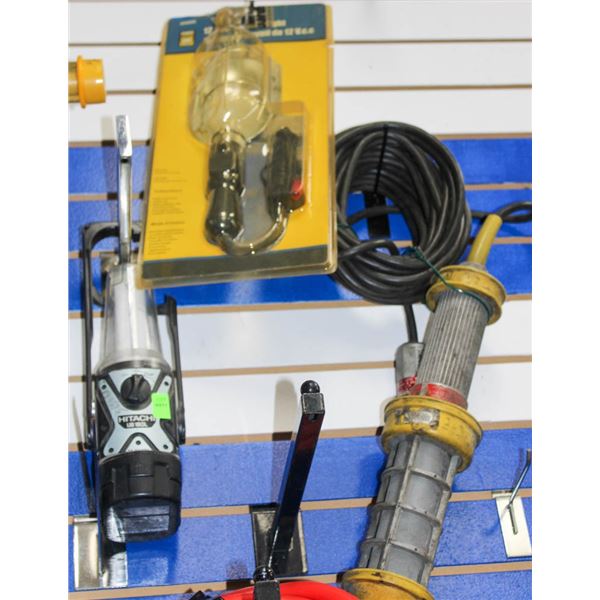 LOT OF 3 ASSORTED WORK LIGHTS; HITACHI/ POWER FIST