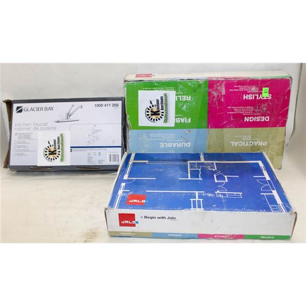 CONTENTS OF WIRE RACK; 3 NIB FAUCET SETS