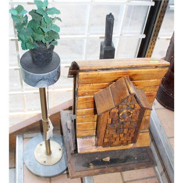 ORNATE WOODEN BIRD HOUSE & DECORATIVE PLANT