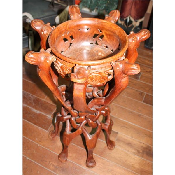 ORNATE WOOD CARVED GIRAFFE PLANT STAND HOME DECOR
