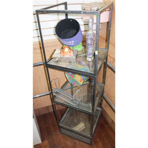 3 TIER METAL & GLASS DISPLAY SHELF W/ CONTENTS