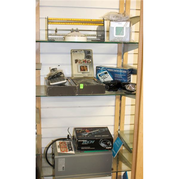 CONTENTS OF 3 WALL SHELVES- HOUSEHOLD ELECTRONICS;