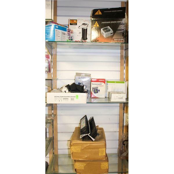 CONTENTS OF 3 WALL SHELVES- HOUSEHOLD MISC; CONAIR