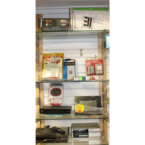 CONTENTS OF 4 WALL SHELVES- HOUSEHOLD ELECTRONICS;