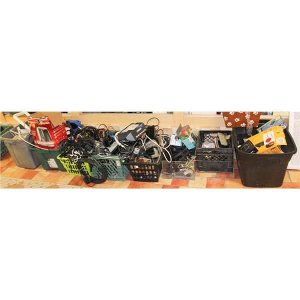 LARGE FLOOR LOT OF MISC BINS & CRATES; ELECTRONIC