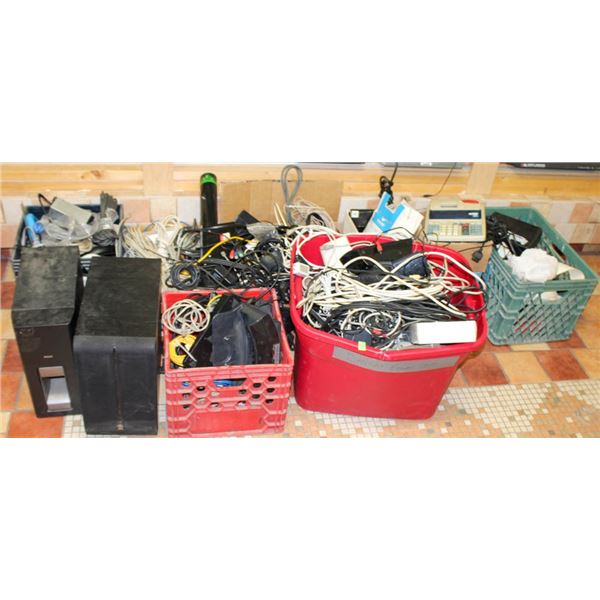 LARGE FLOOR LOT OF MISC BINS & CRATES; ELECTRONIC