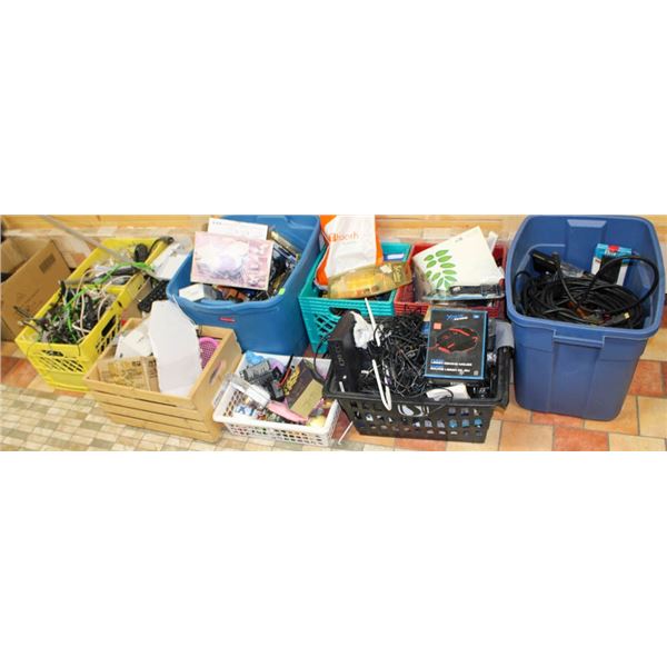LARGE FLOOR LOT OF MISC BINS & CRATES; ELECTRONIC