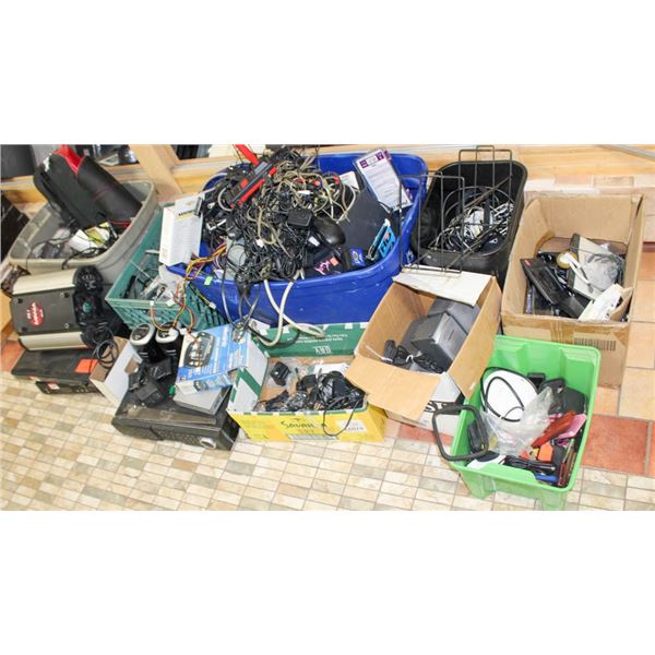 LARGE FLOOR LOT OF MISC BINS & CRATES; ELECTRONIC