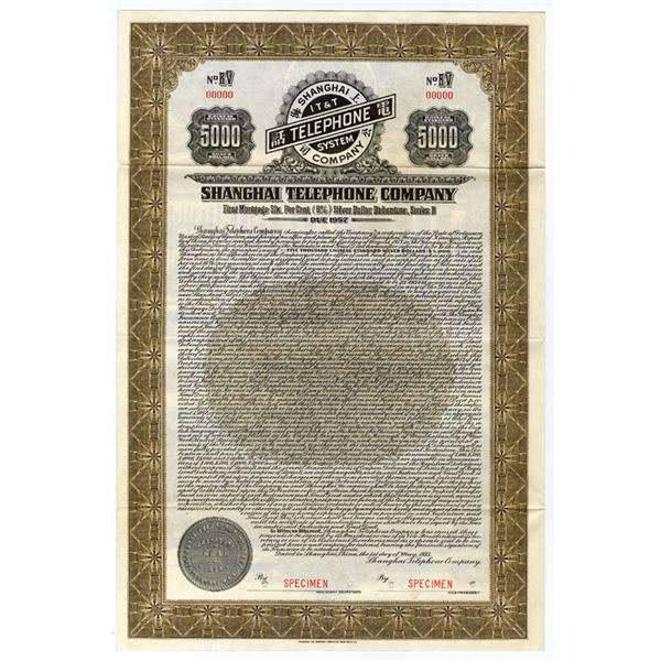 Shanghai Telephone Co. 1933 Specimen $5000 Silver Dollar Coupon Bond